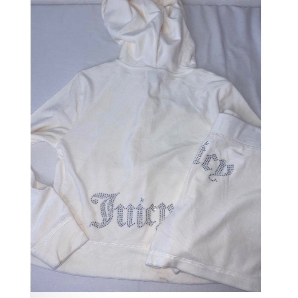 Juicy Couture oyster velour Hoodie Shorts Set medium cream Logo Y2K Tracksuit